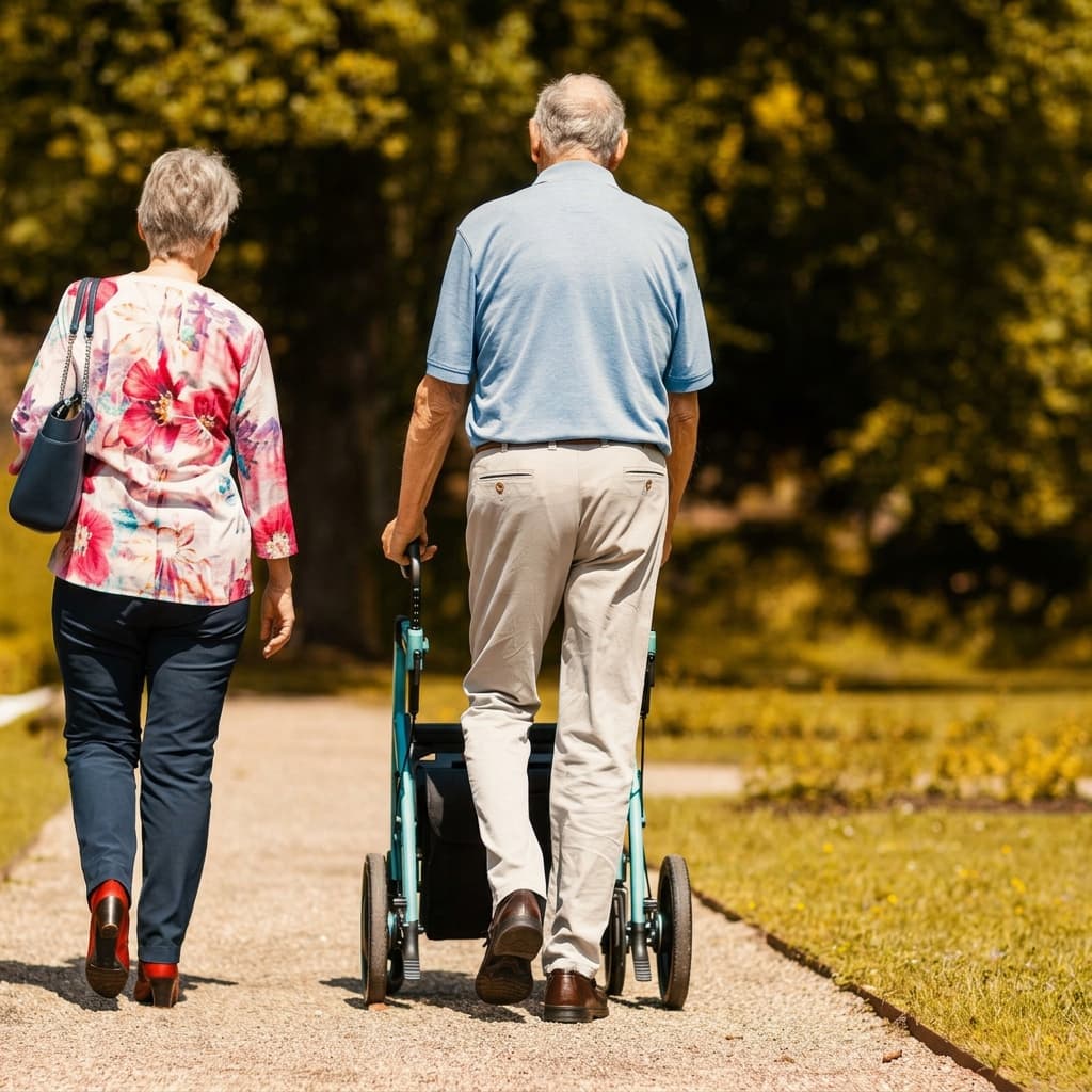 An older couple walking together along a garden path on a sunny day, one using a rollator