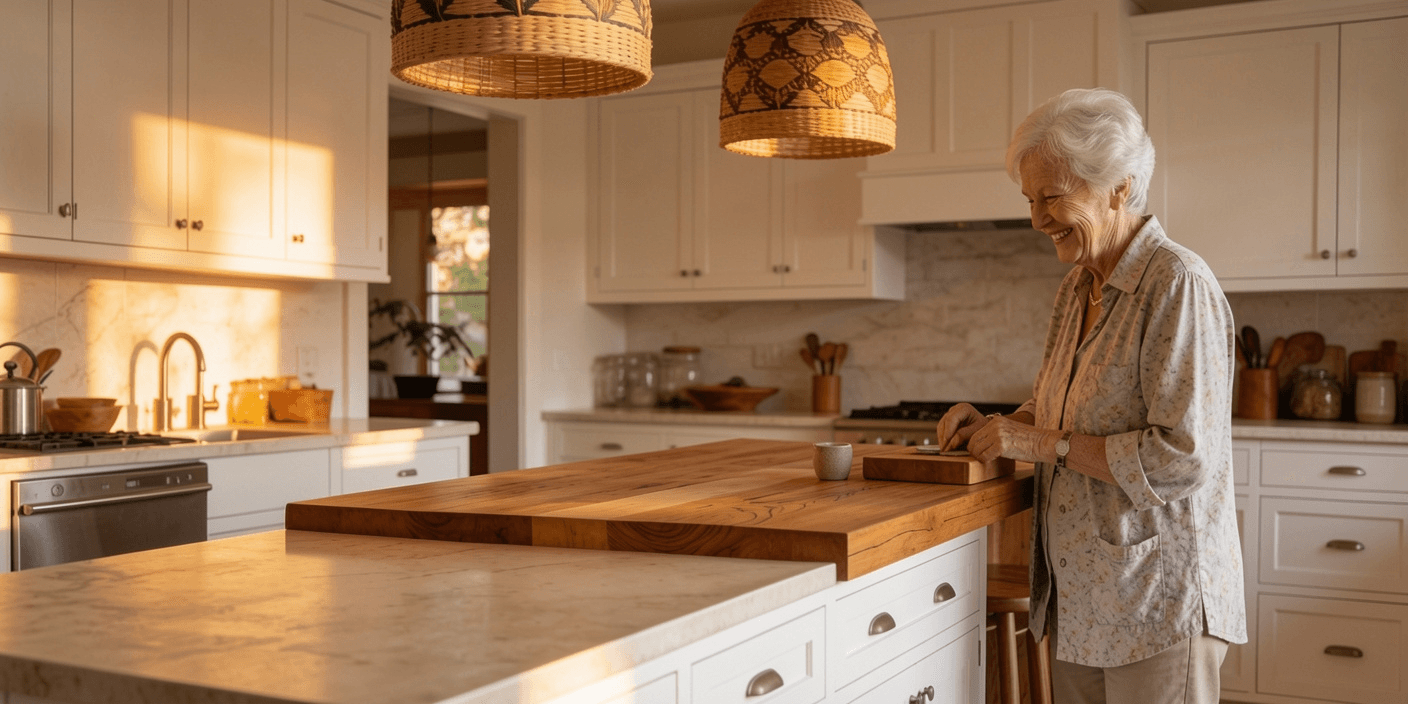 Older Australian woman smiling at her kitchen bench in golden afternoon light