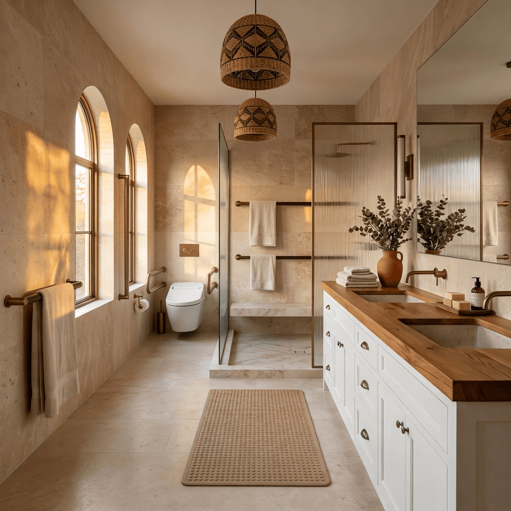 Accessible bathroom with grab rails, walk-in shower, and warm natural light